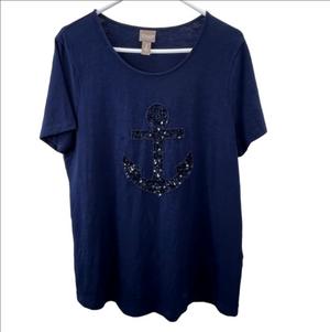 Chicos Sequin Anchor Shirt 2 US 12 L Navy Blue Nautical Short Sleeve Coastal